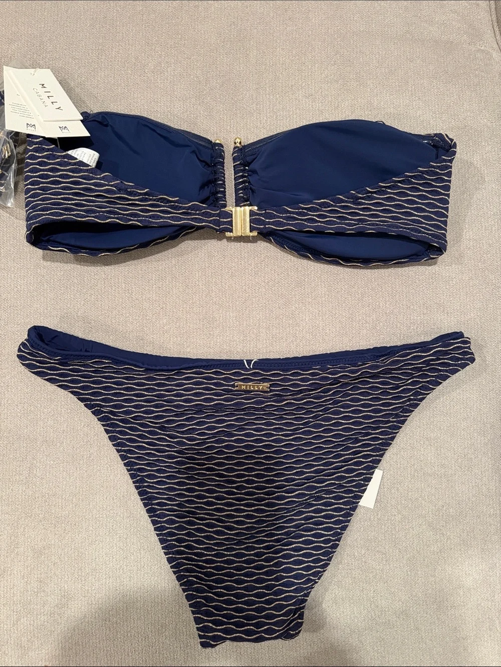 NWT Milly Navy and Gold Textured Bandeau Bikini set